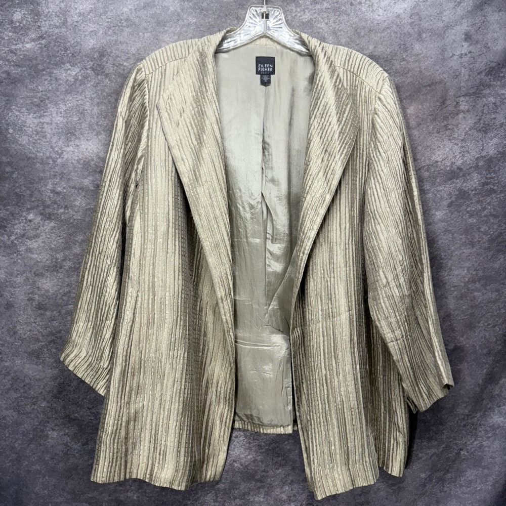Eileen Fisher Champagne Gold Textured 100% Silk Open Front Blazer Jacket Size 2X